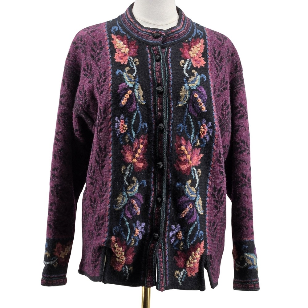 Icelandic Design Sweater Cardigan Womens M Purple Floral Lined‎ Embroidered